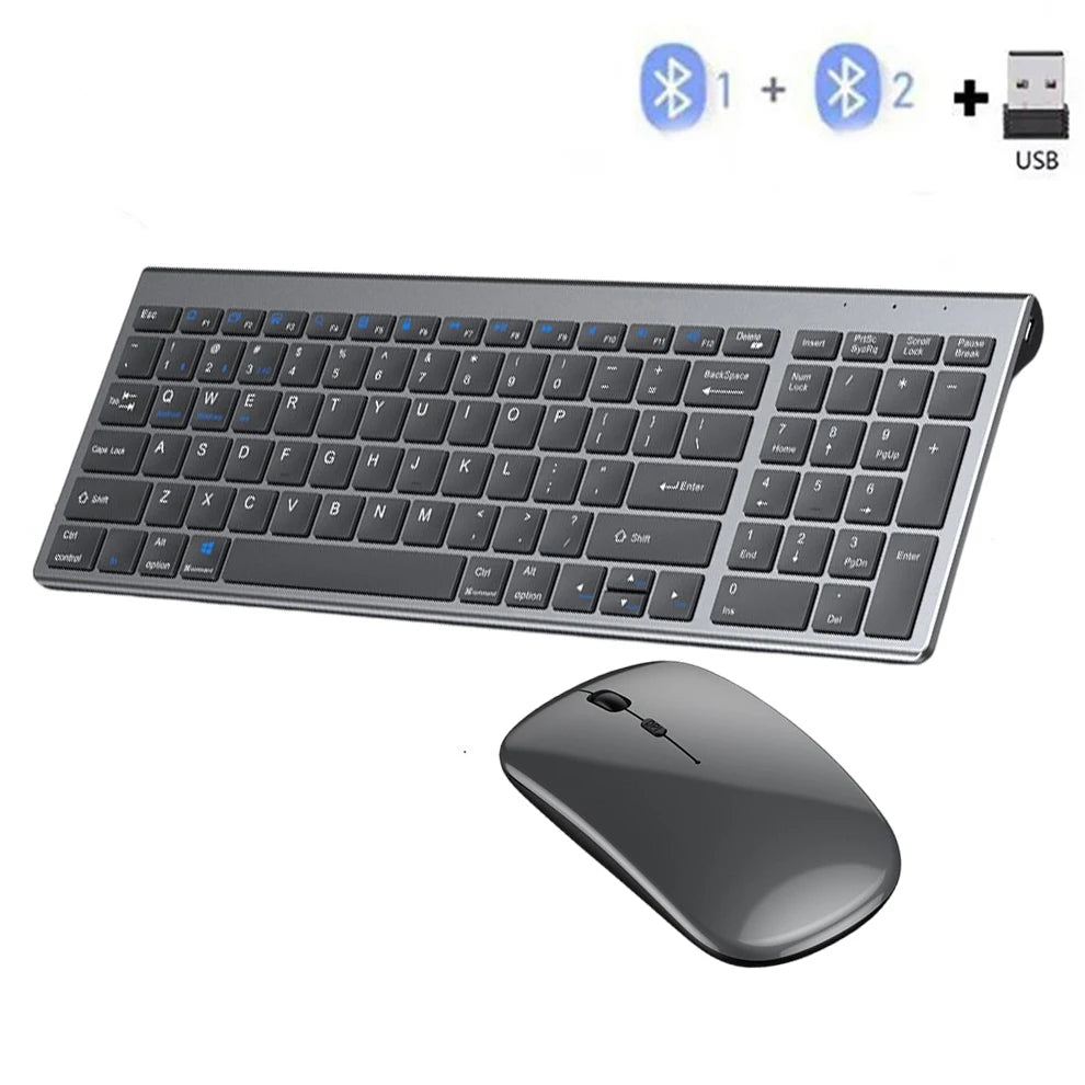 Clavier et souris sans fil Bluetooth 5.0 et 2.4G gris rechargeables pour ordinateur portable